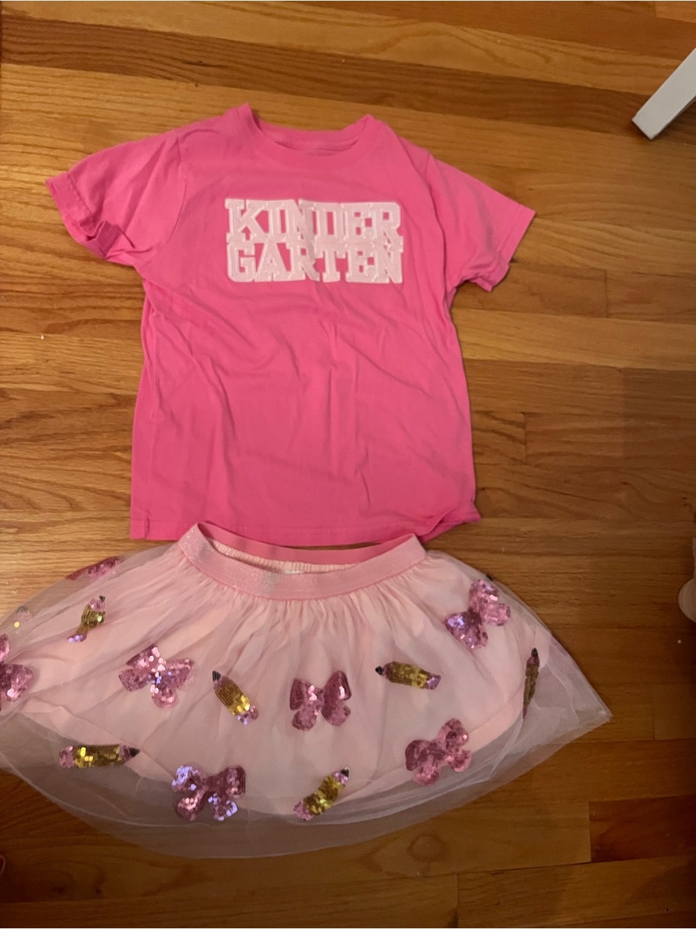 Pink Kindergarten T-Shirt & Pencil/-Bow Tulle Skirt Kids Costume Set